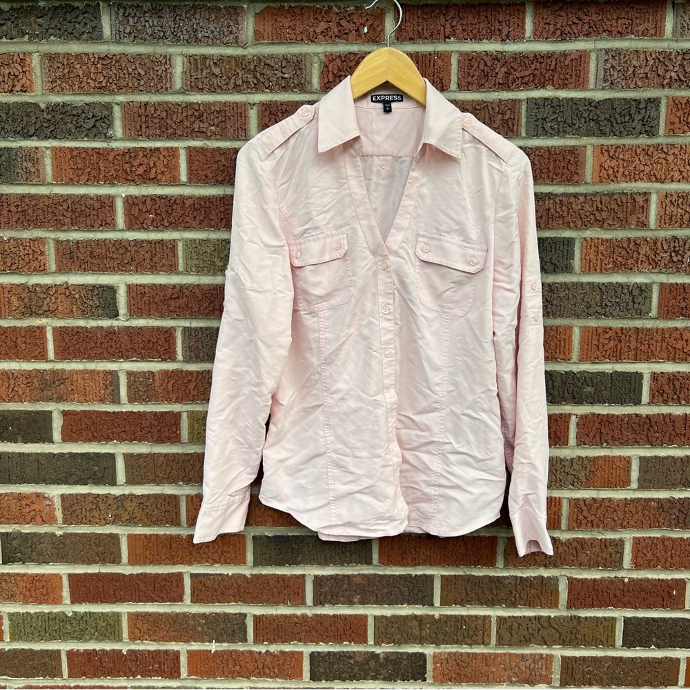 Express Light Pink Button Up Pocket Collared Long Sleeve Dress Shirt Top